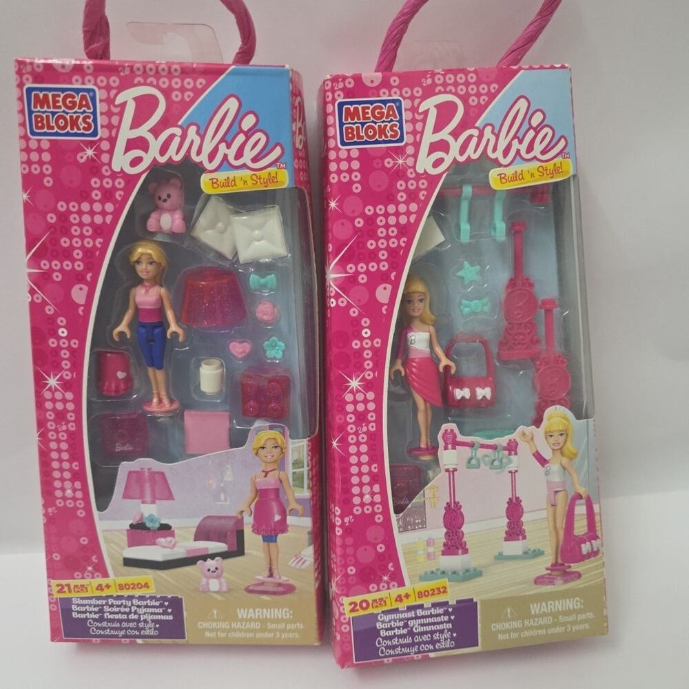 Lot 2 Barbie Mega Bloks Build N Style Gymnast Slumber Party Doll 80232 + 80204